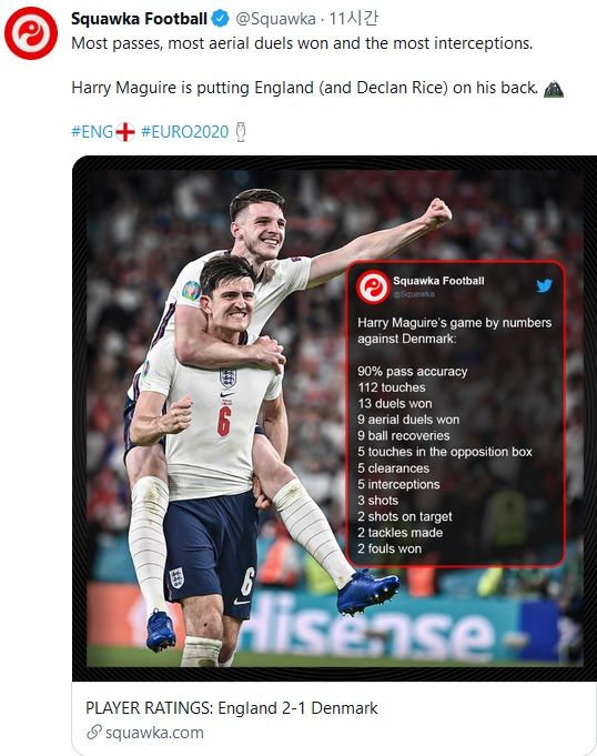 해리 매과이어 스탯 vs 덴마크