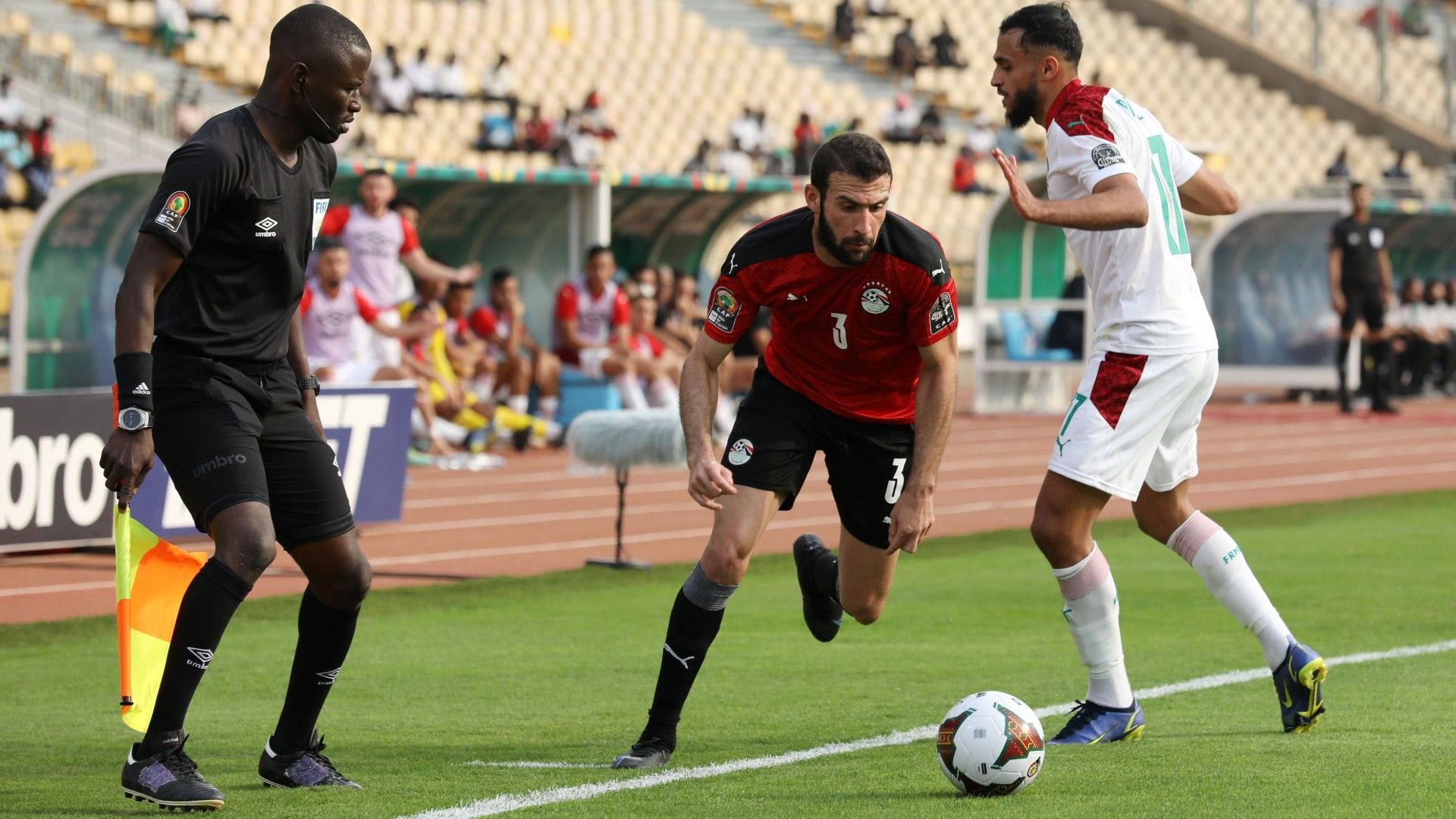 Omar Abdelwahed of Egypt challenged by Sofiane Boufal of Morocco.