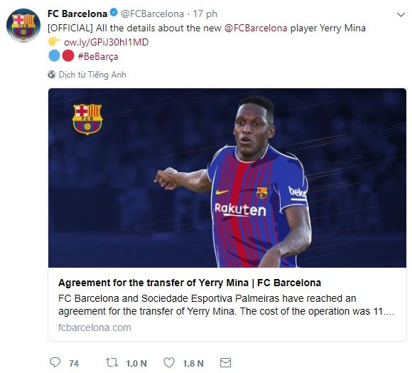 Yerry Mina official announcement Barcelona
