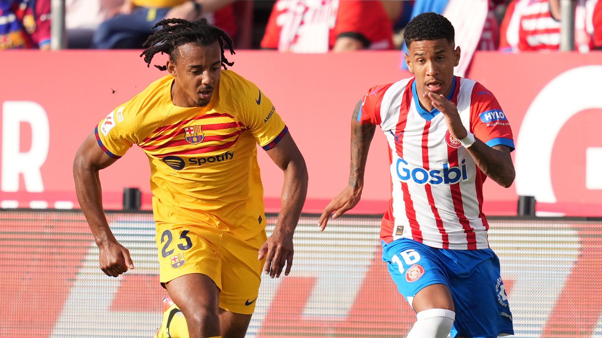 Barcelona's Jules Kounde races back to try to retrieve possession