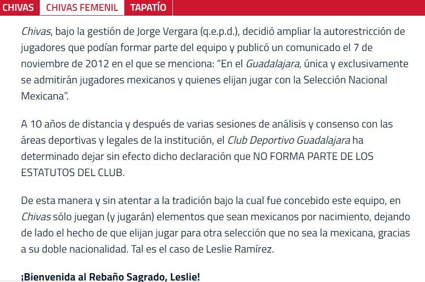 Última modificación sobre situación de mexicanos en Chivas