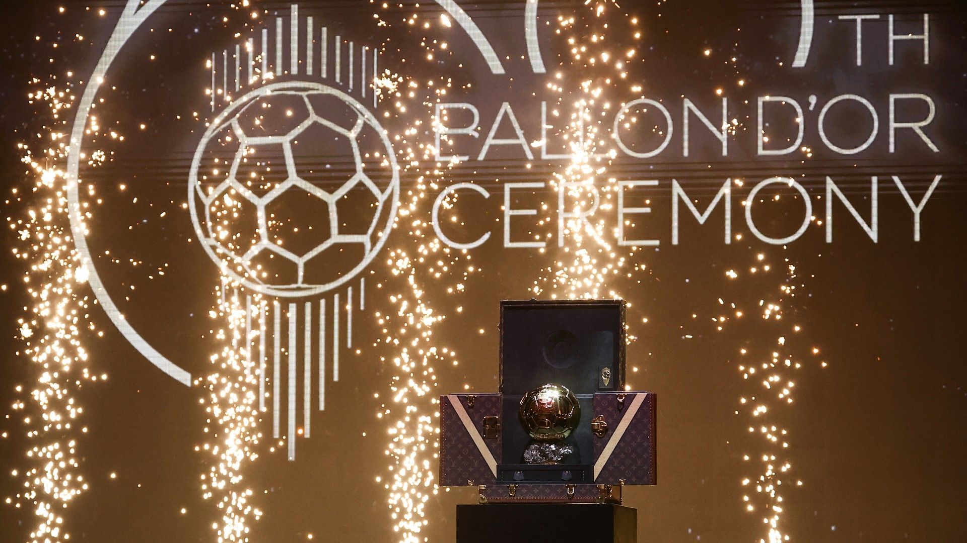 This photograph shows the 2024 Ballon d'Or trophy during the 2024 Ballon d'Or France Football award ceremony