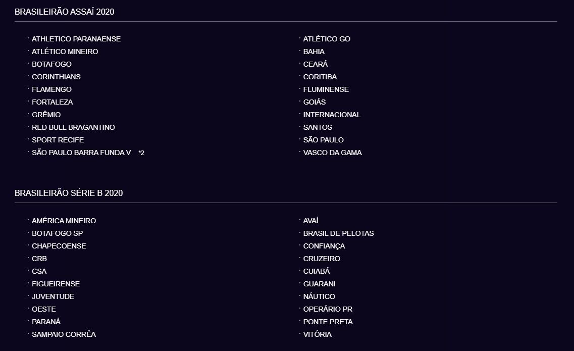 Times Brasileirão PES 2021