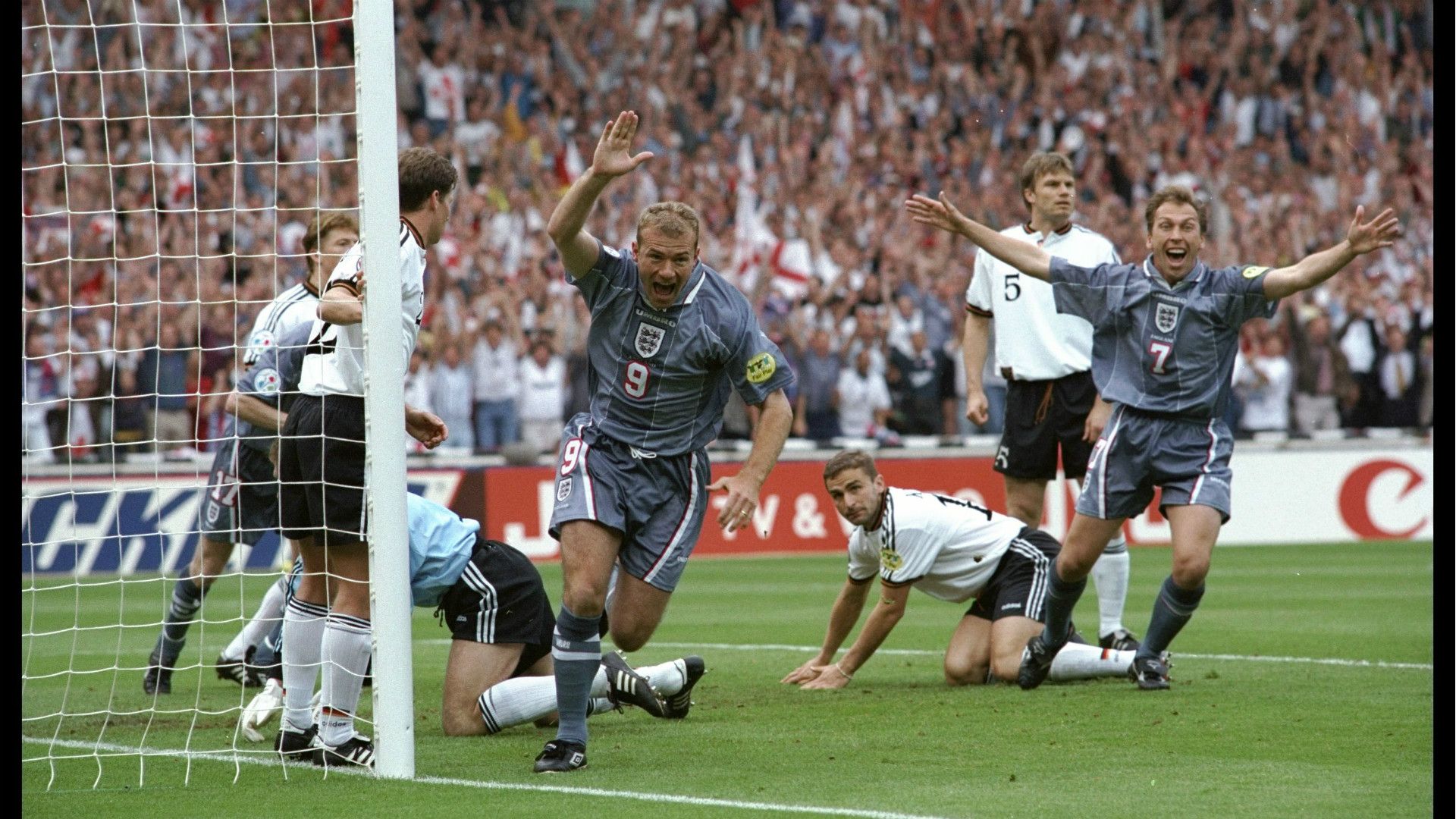 Alan Shearer scores for England against Germany in the Euro 1996 semi-final