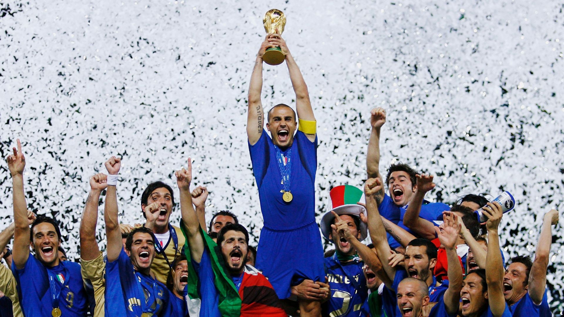 Fabio Cannavaro of Italy lifts the World Cup trophy 2006
