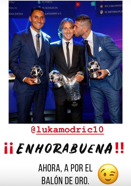 UEFA 선정 2017-18 시즌 포지션별 최우수 선수 나바스, 모드리치, 라모스(왼쪽부터). 사진=라모스 인스타그램