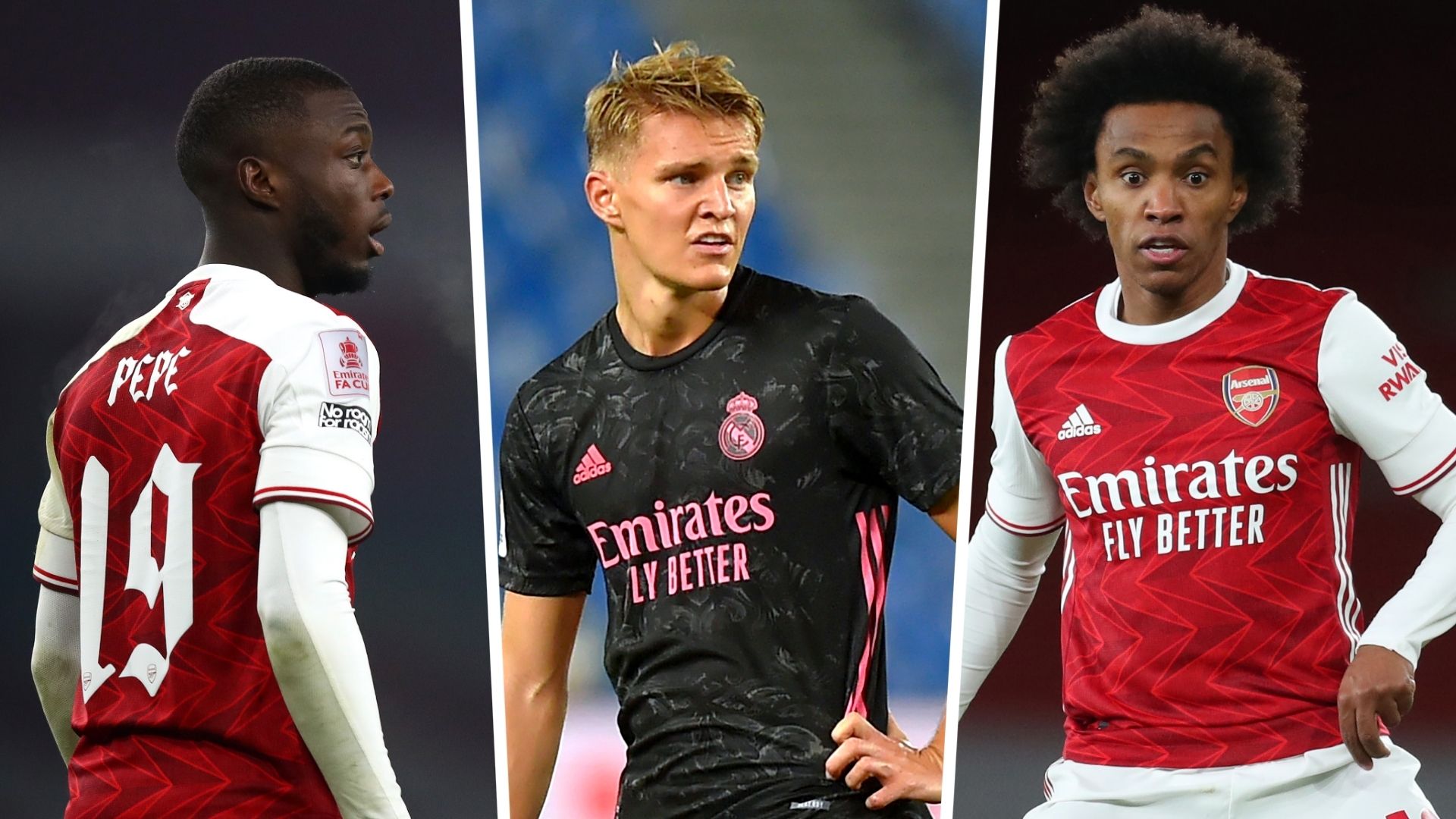 Nicolas Pepe Odegaard Willian Arsenal Real Madrid GFX