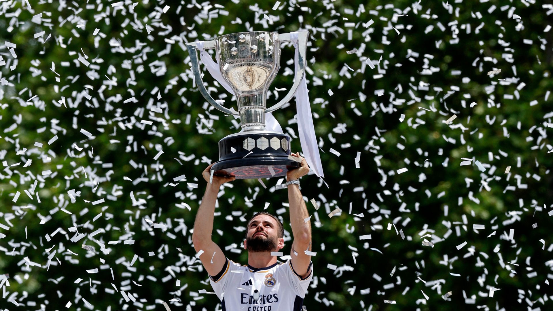 Nacho Fernandez holds the 36th Spanish La Liga trophy Real Madrid