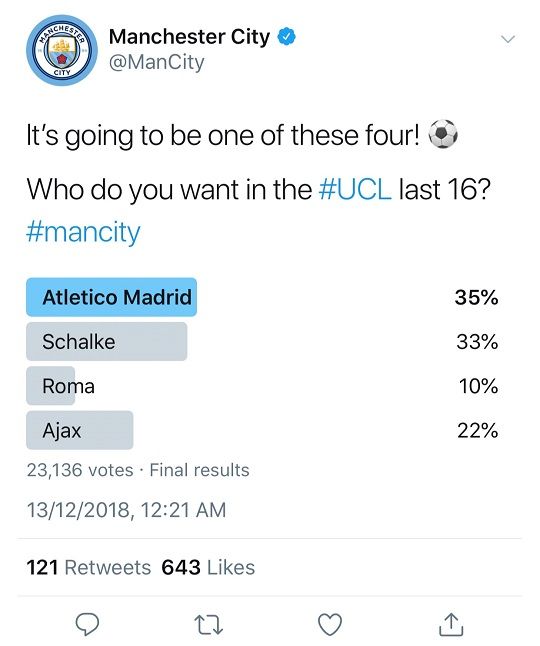 맨체스터시티 팬들을 상대로 실시한 가장 선호하는 UCL 16강 상대팀 조사 결과. 사진=맨시티 공식 트위터 계정