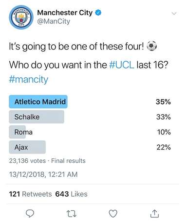 맨체스터시티 팬들을 상대로 실시한 가장 선호하는 UCL 16강 상대팀 조사 결과. 사진=맨시티 공식 트위터 계정