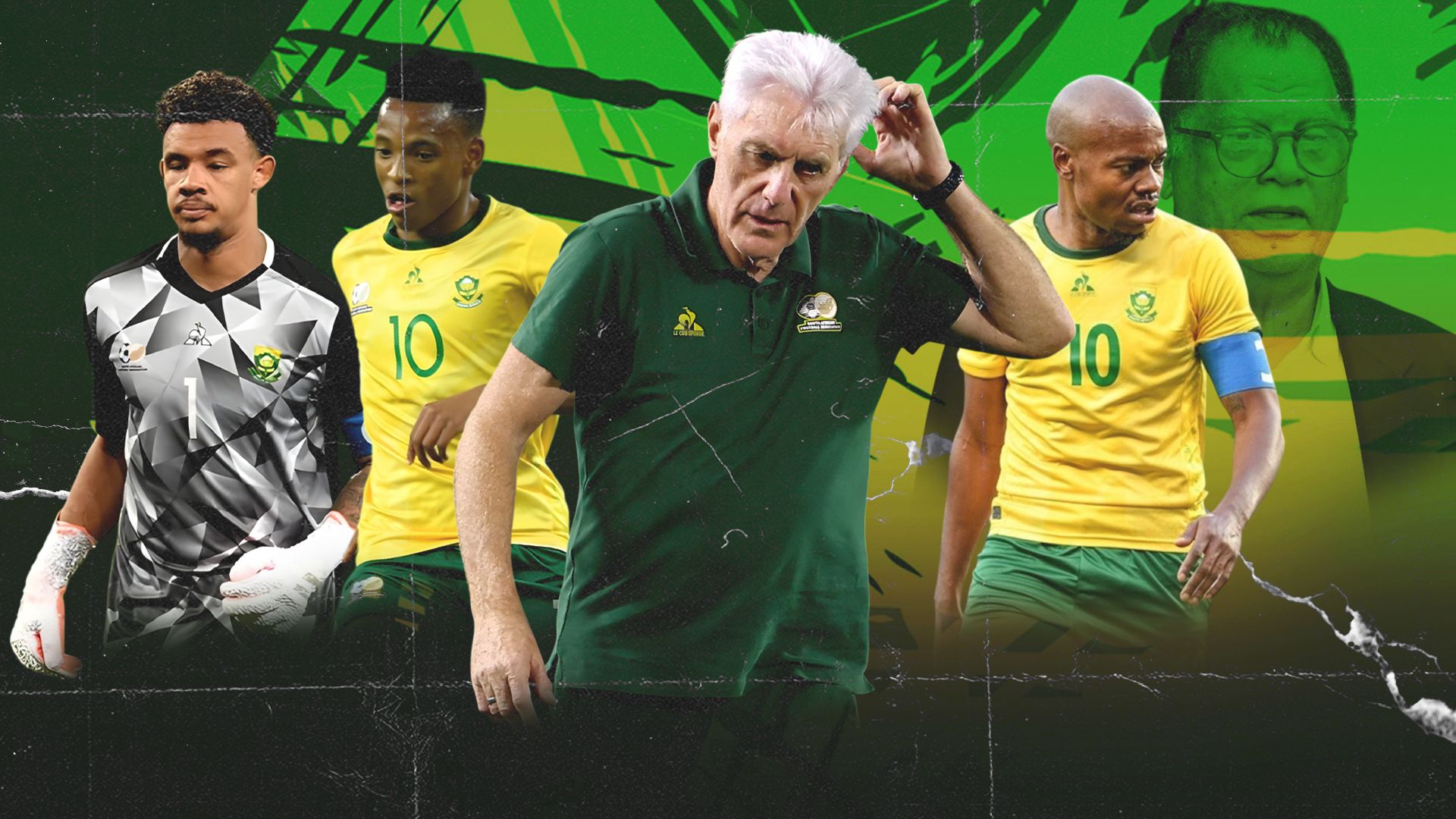 Hugo Broos, Percy Tau, Relebohile Mofokeng, Ronwen Williams of Bafana Bafana and Safa President Dr.Danny Jordaan