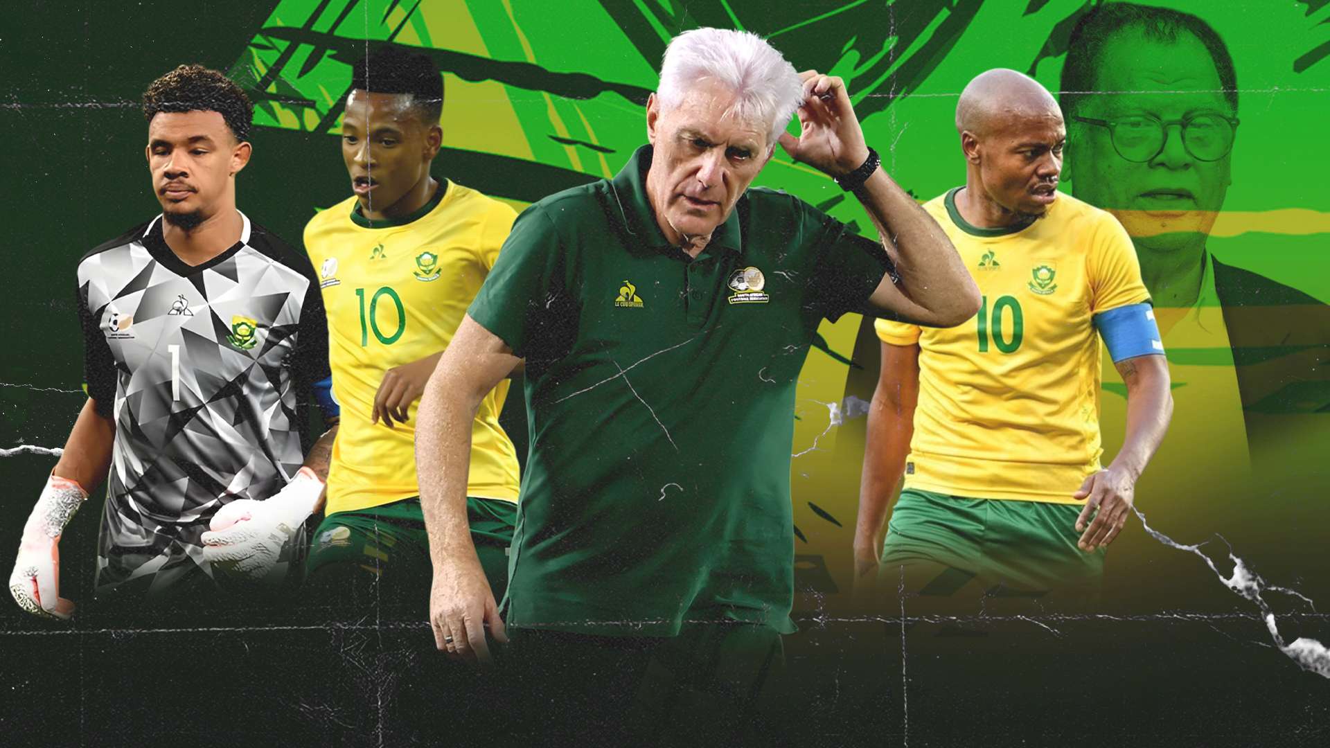 Hugo Broos, Percy Tau, Relebohile Mofokeng, Ronwen Williams of Bafana Bafana and Safa President Dr.Danny Jordaan