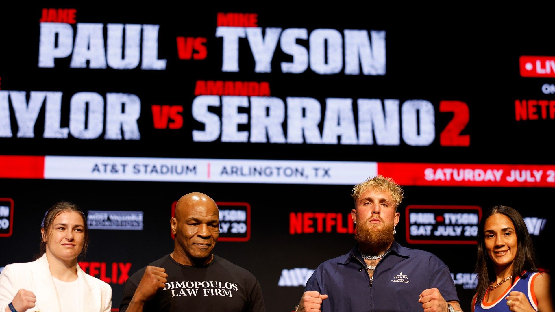  Katie Taylor, Mike Tyson, Jake Paul, and Amanda Serrano speak onstage 