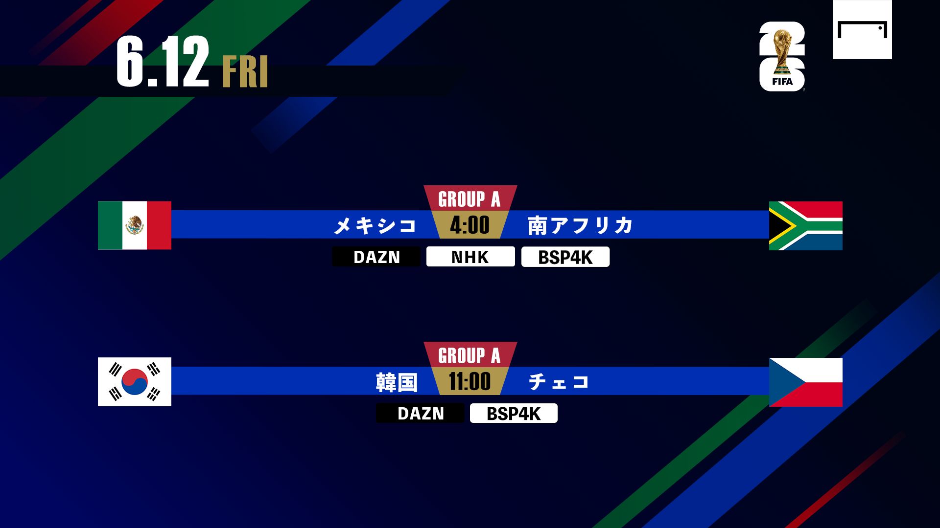 6月12日(金)A・メキシコvs南アフリカ・韓国vsチェコ