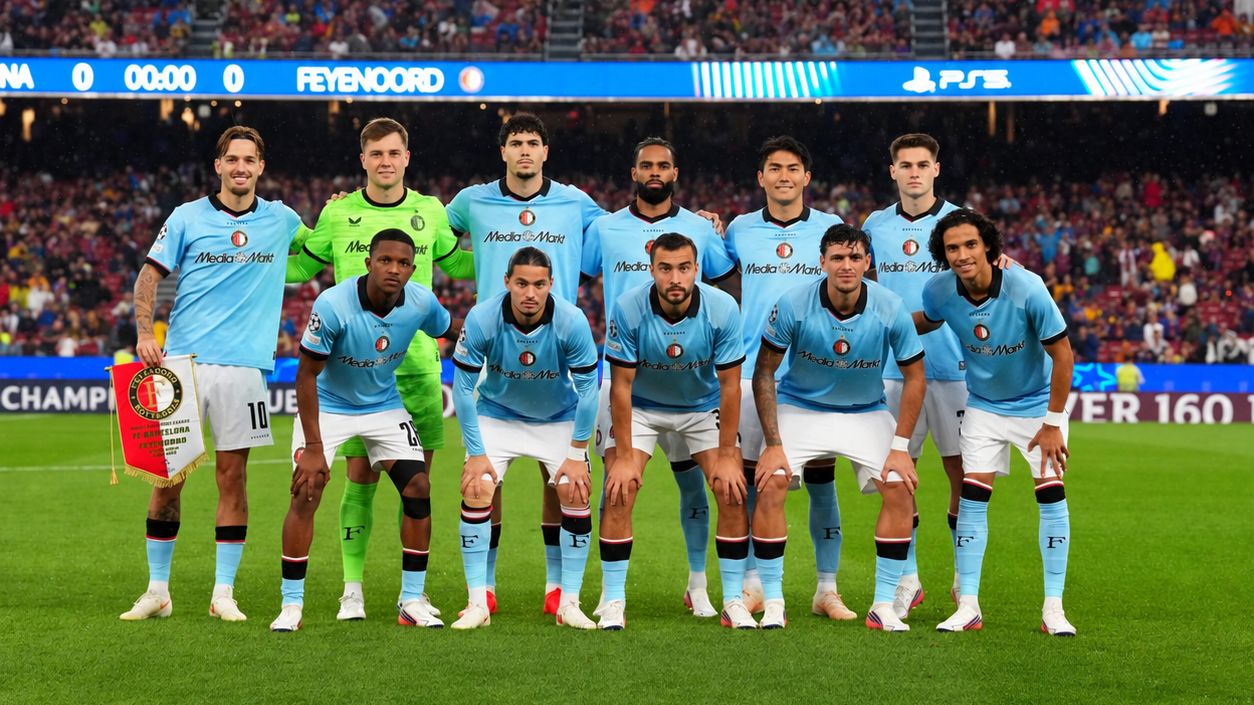 UEFA Champions League: FC Barcelona, Barca v Feyenoord Rotterdam Barcelona - Luciano Valente of Feyenoord Rotterdam, Goalkeeper Tjark Ernst of Feyenoord Rotterdam, Givairo Read of Feyenoord Rotterdam, Nacho Ferri of Feyenoord Rotterdam, Anis Hadj Moussa of Feyenoord Rotterdam, Jeremiah St Juste of Feyenoord Rotterdam, Charles Vanhoutte of Feyenoord Rotterdam, Tsuyoshi Watanabe of Feyenoord Rotterdam, Javier Lopez of Feyenoord Rotterdam, Mika Marmol of Feyenoord Rotterdam and Gjivai Zechiel of Feyenoord Rotterdam look on before the first competition round of the 2026 2027 UEFA Champions League season. The match is set between FC Barcelona and Feyenoord Rotterdam at Camp Nou on 9 September 2026 in Barcelona, Spain. (Hero Images Yannick Verhoeven) Copyright: xYannickxVerhoevenx