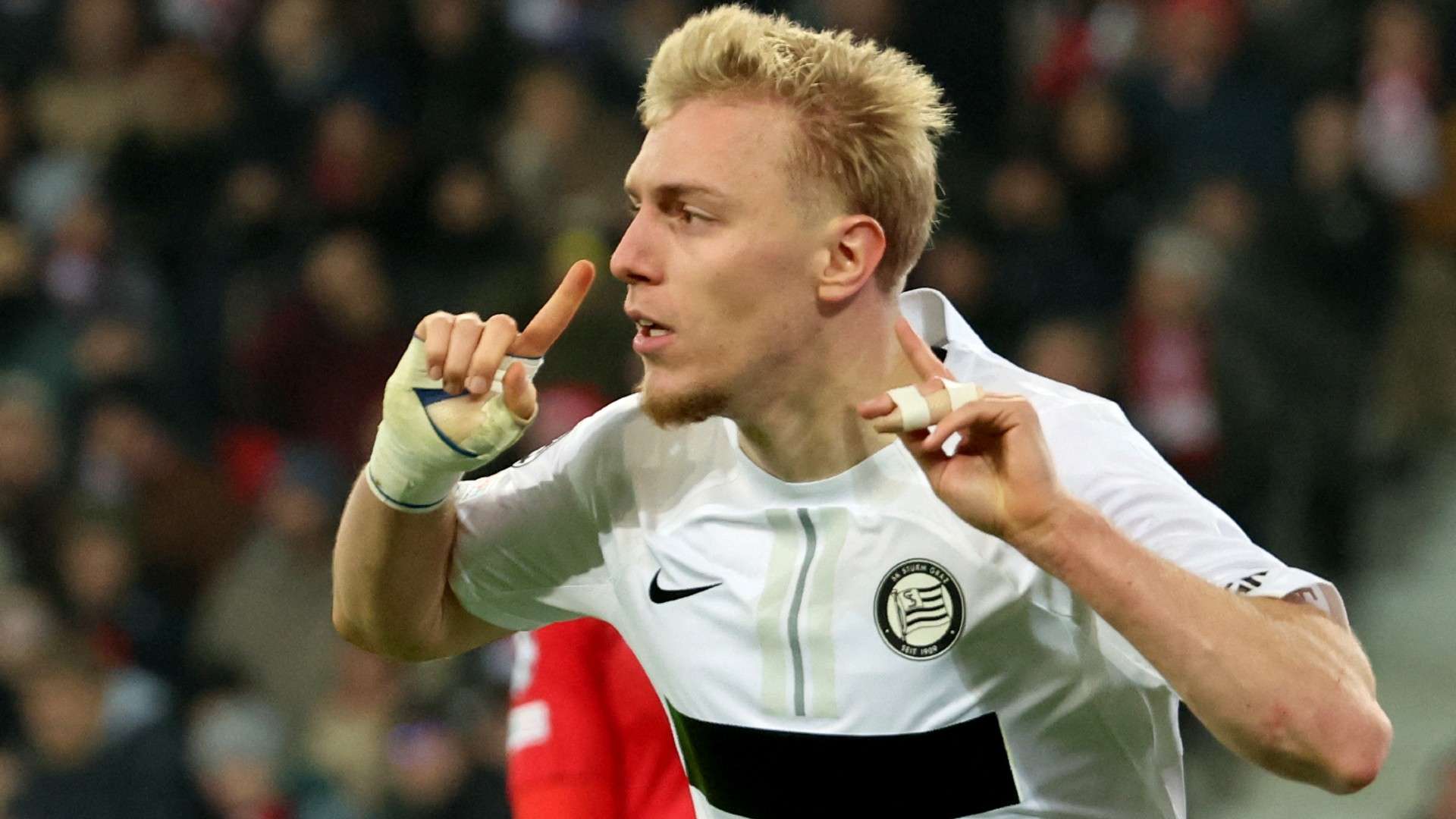 Sturm Graz's Dane forward #18 Mika Biereth celebrates