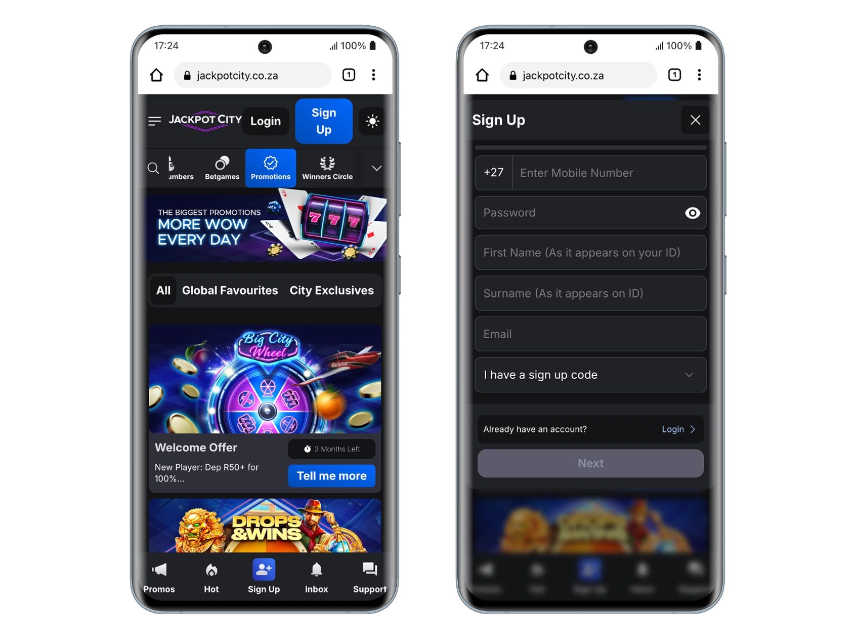 Jackpot City Mobile registration ZA