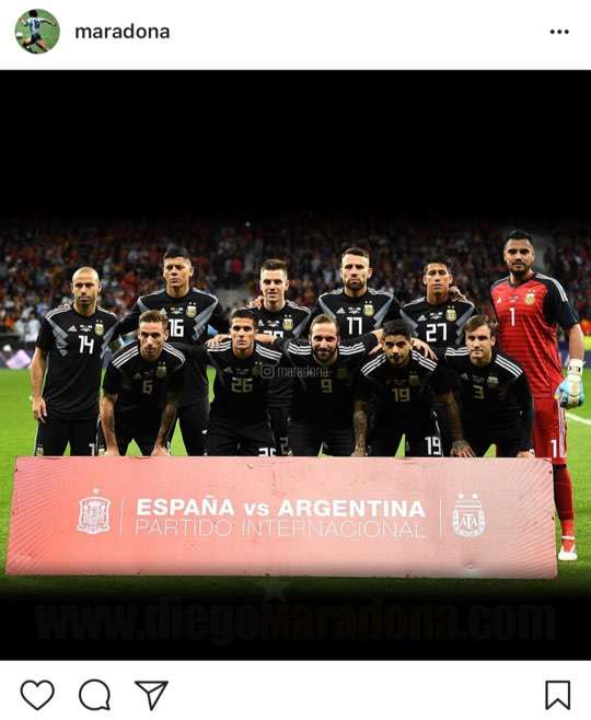 28일(한국시간) 스페인전 이후 마라도나가 개인 sns에 올린 아르헨티나 축구 국가대표팀 사진. 출처=디에고 마라도나 인스타그램