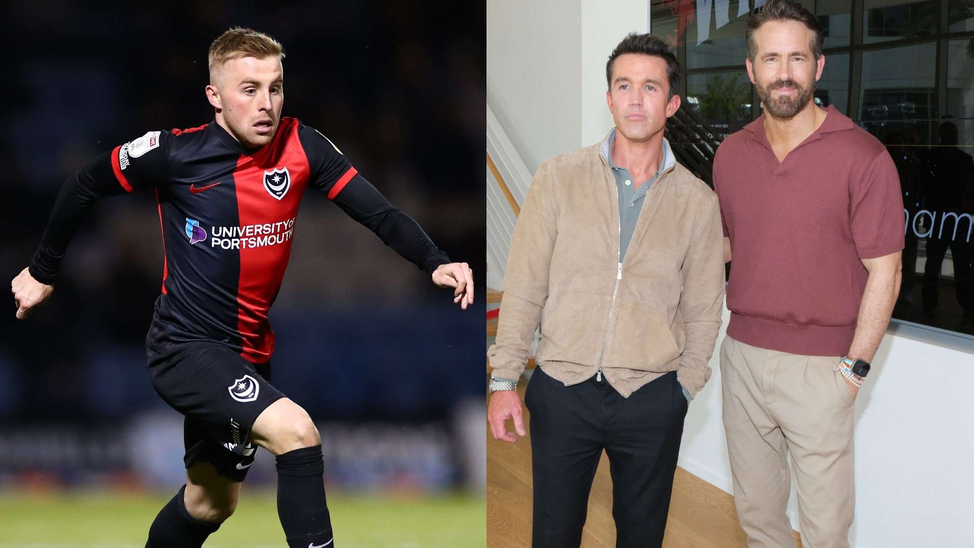 Portsmouth's Joe Morrell and Ryan Reynolds and Rob McElhenney