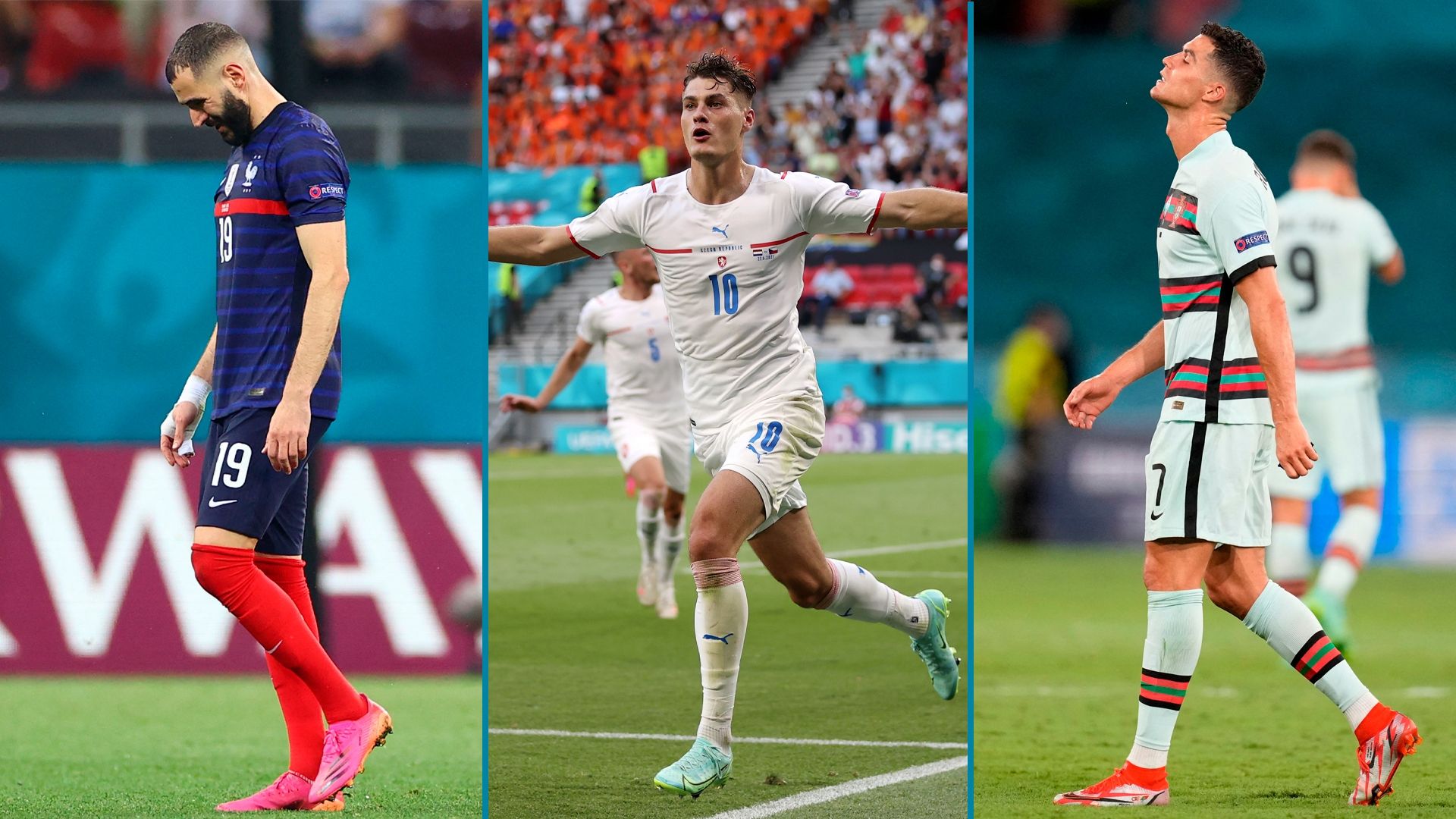 Karim Benzema Cristiano Ronaldo Niedergeschlagen Patrik Schick jubelt fußball-em 2021 toptorschützen frankreich portugal tschechien tv live-stream