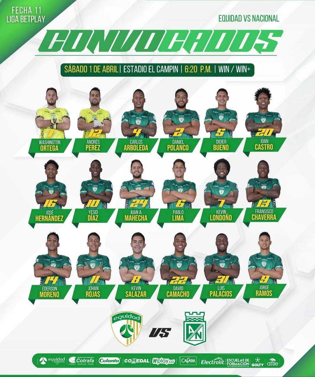 Convocados Equidad Fecha 11 Liga BetPlay 2023