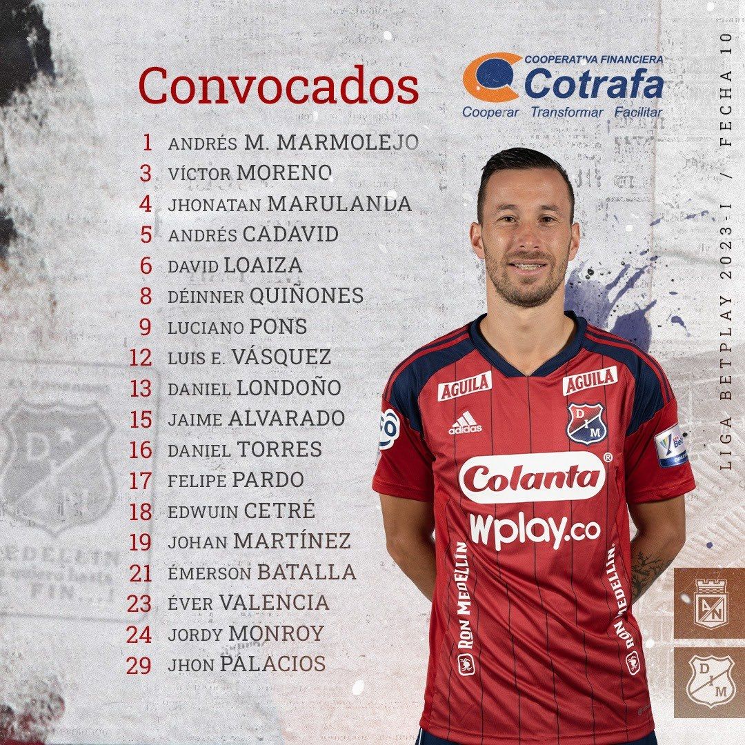 Convocados Medellín Fecha 10 Liga BetPlay 2023