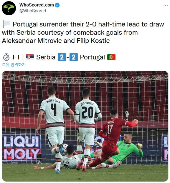 포르투갈, 세르비아 원정 2-0으로 앞서다 2-2 무승부