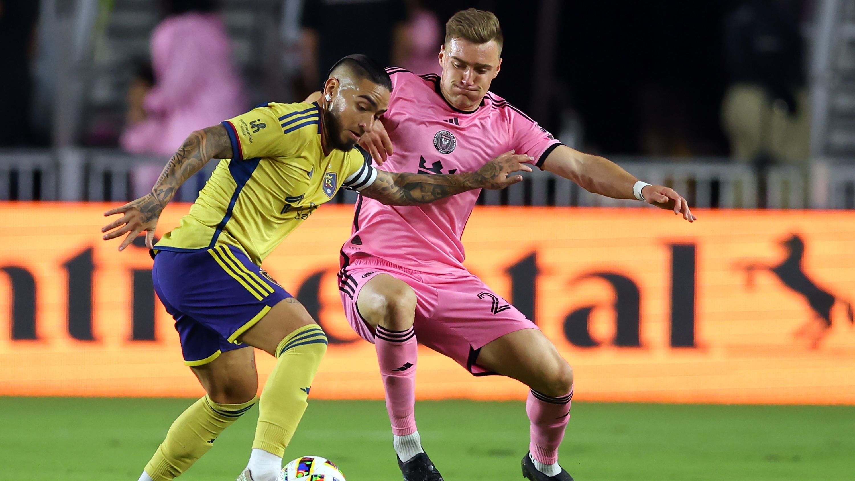 Cristian Arango #9 of Real Salt Lake dribbles against Julian Gressel #24 of Inter Miami 