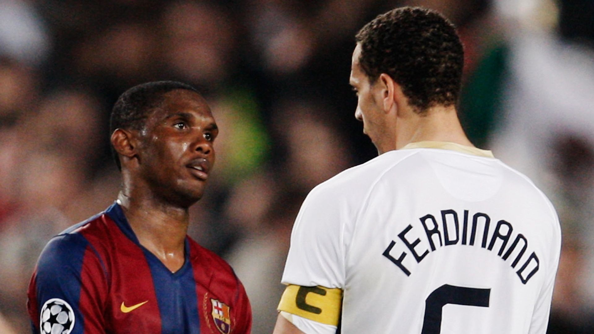 Samuel Eto'o of Barcelona, Manchester United's Rio Ferdinand