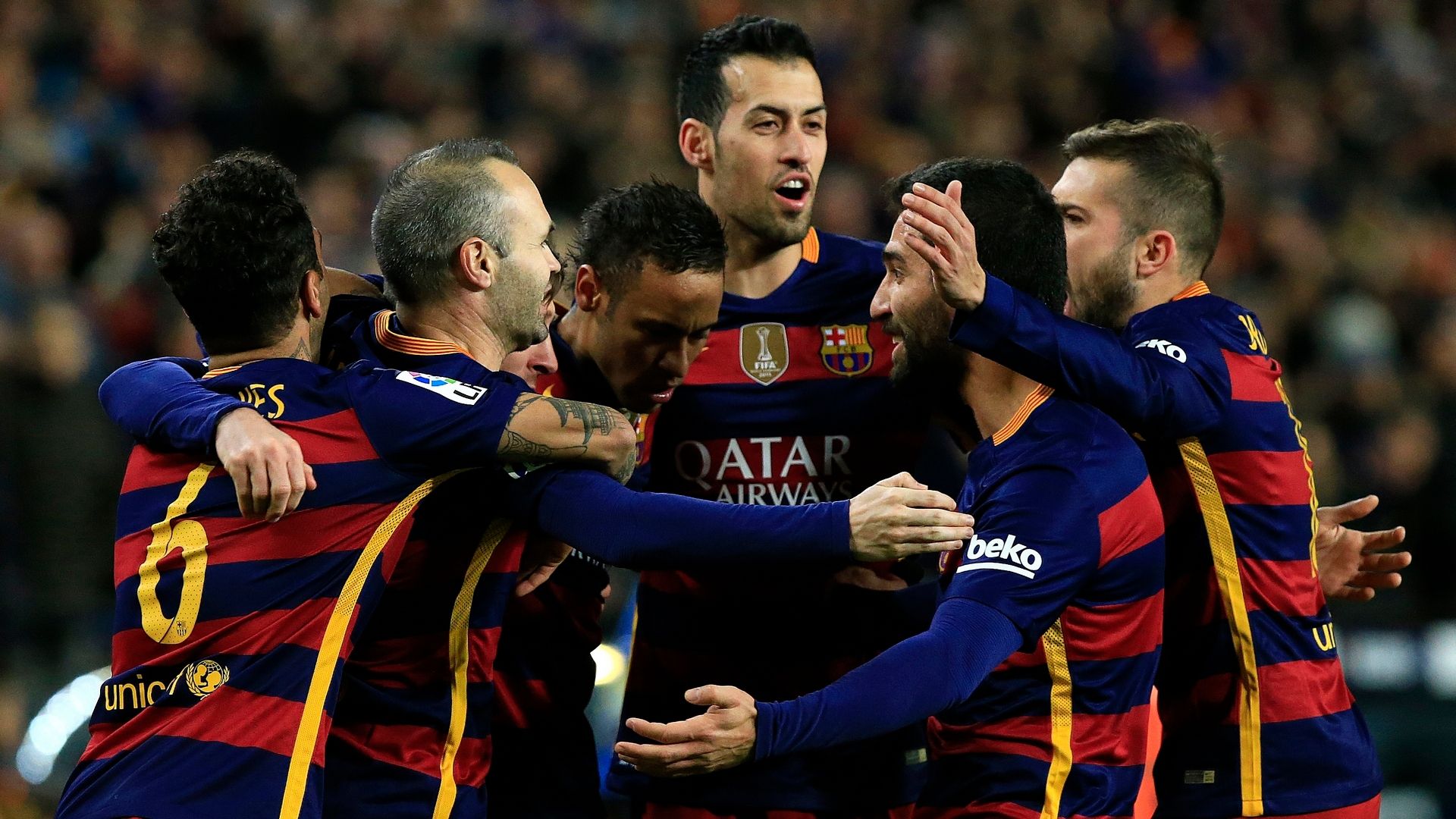 Arda Turan Iniesta Neymar Sergio Busquets Daniel Alves Barcelona celebration 01062016