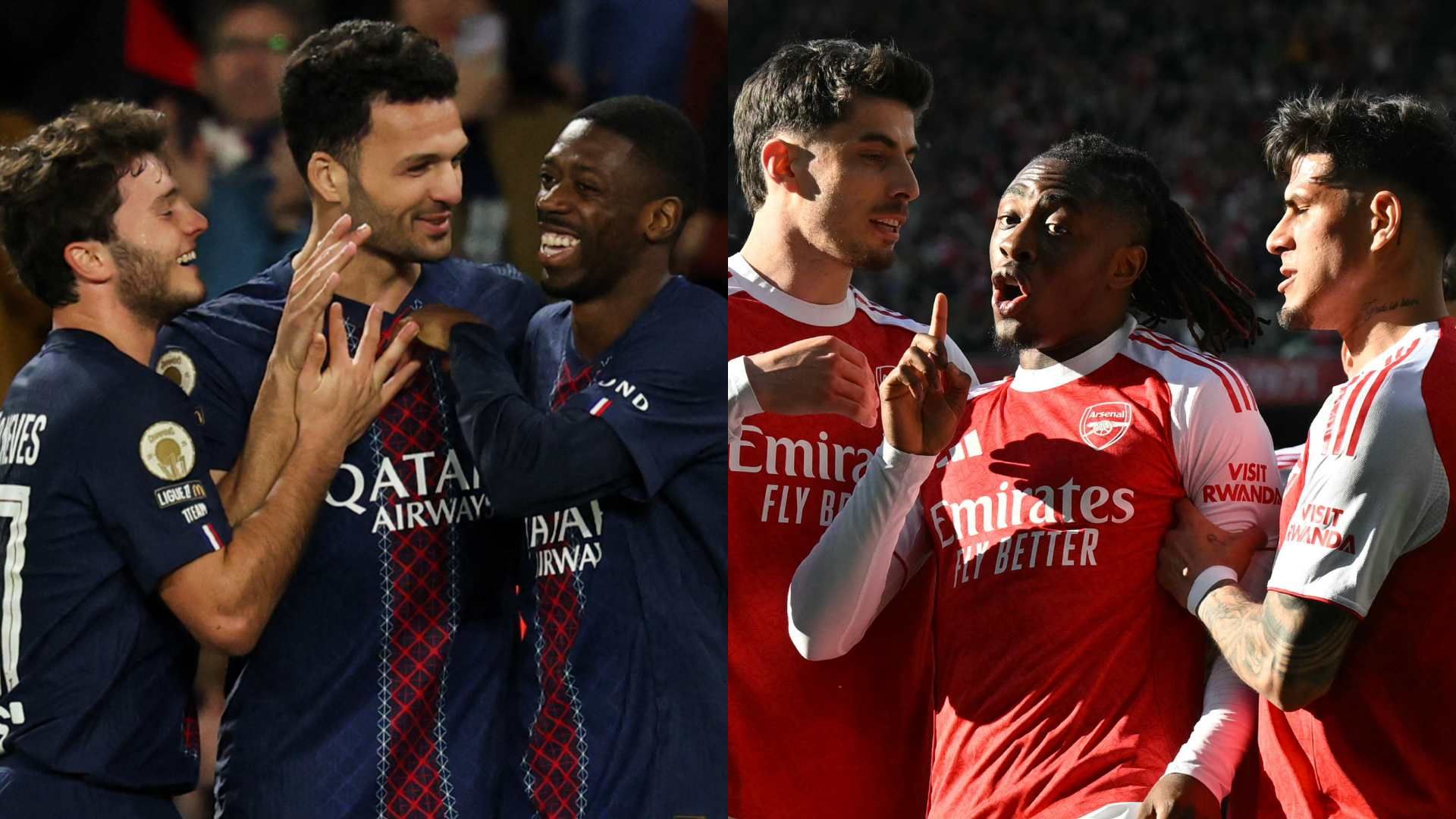 Paris Saint-Germain and Arsenal players celebrating goals.