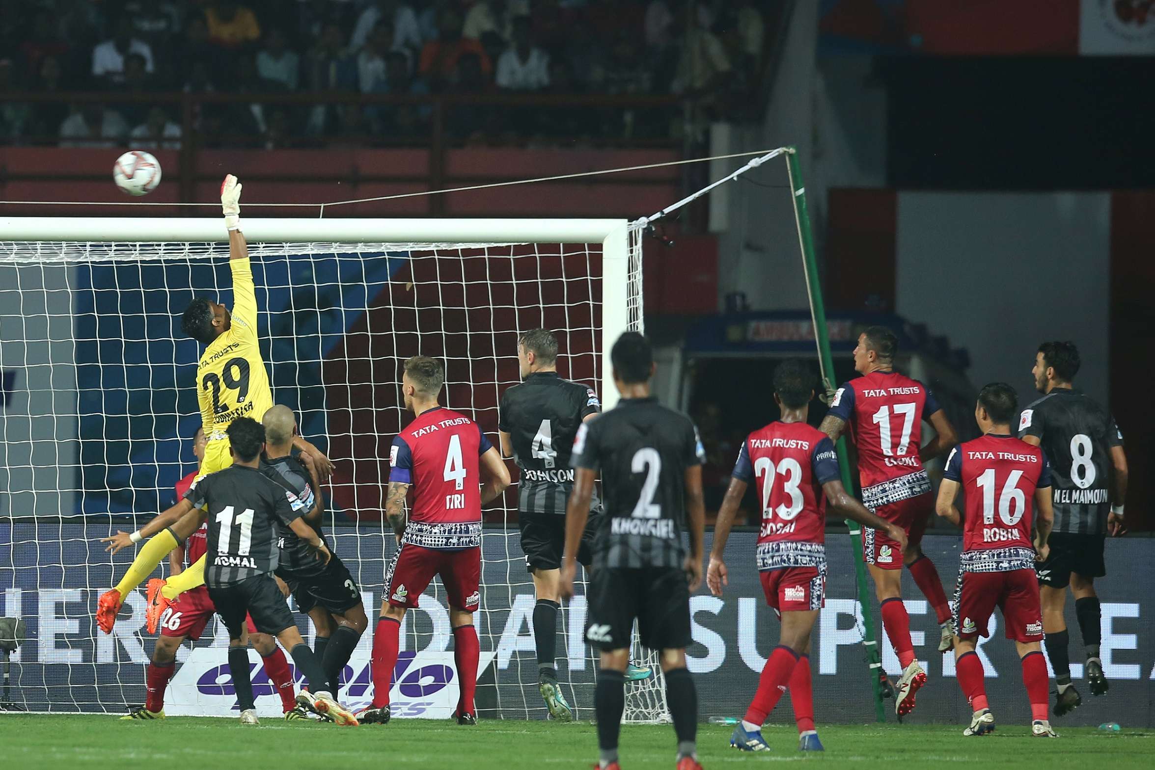 Jamshedpur Goalkeeper Subhasish Roy in action during a match against ATK in Hero ISL