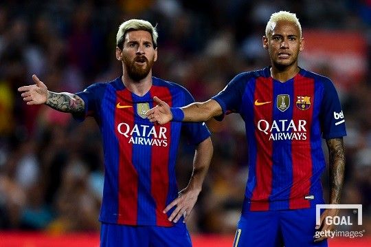FC바르셀로나 공격수 메시(좌)와 전 바르셀로나 공격수 네이마르(우, 현 PSG). 사진 = 게티이미지