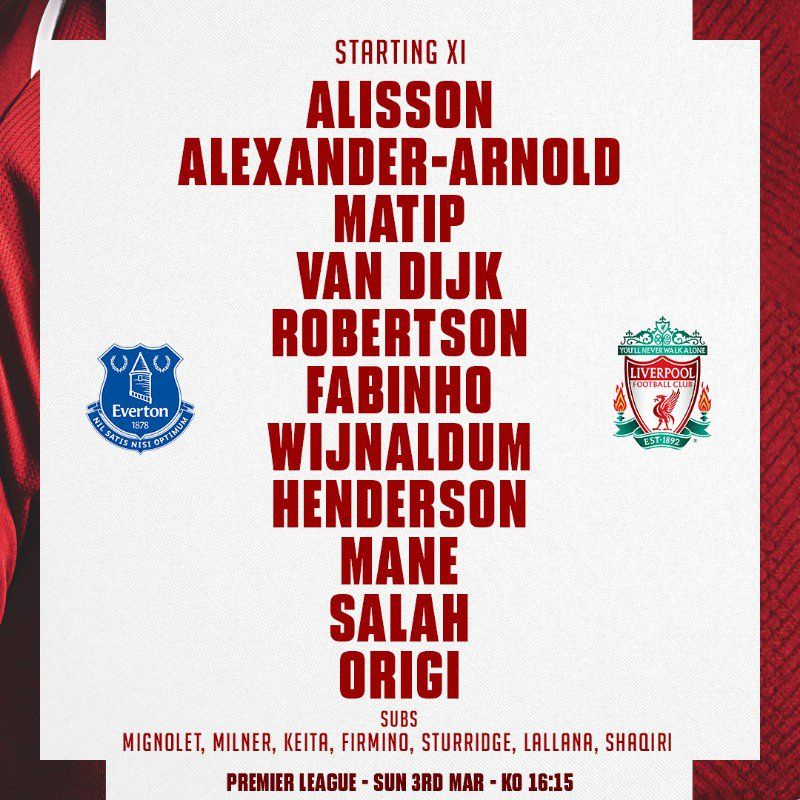 Liverpool line up vs Everton EPL 020319