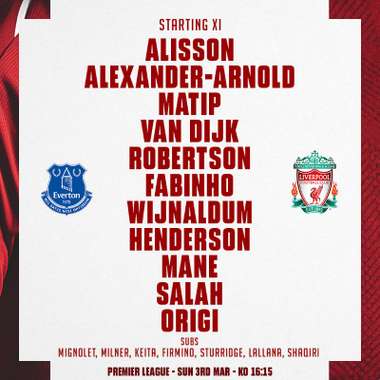 Liverpool line up vs Everton EPL 020319