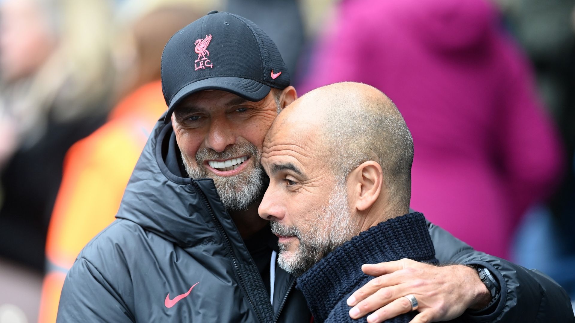 Jurgen Klopp and Pep Guardiola during Manchester City v Liverpool 2023