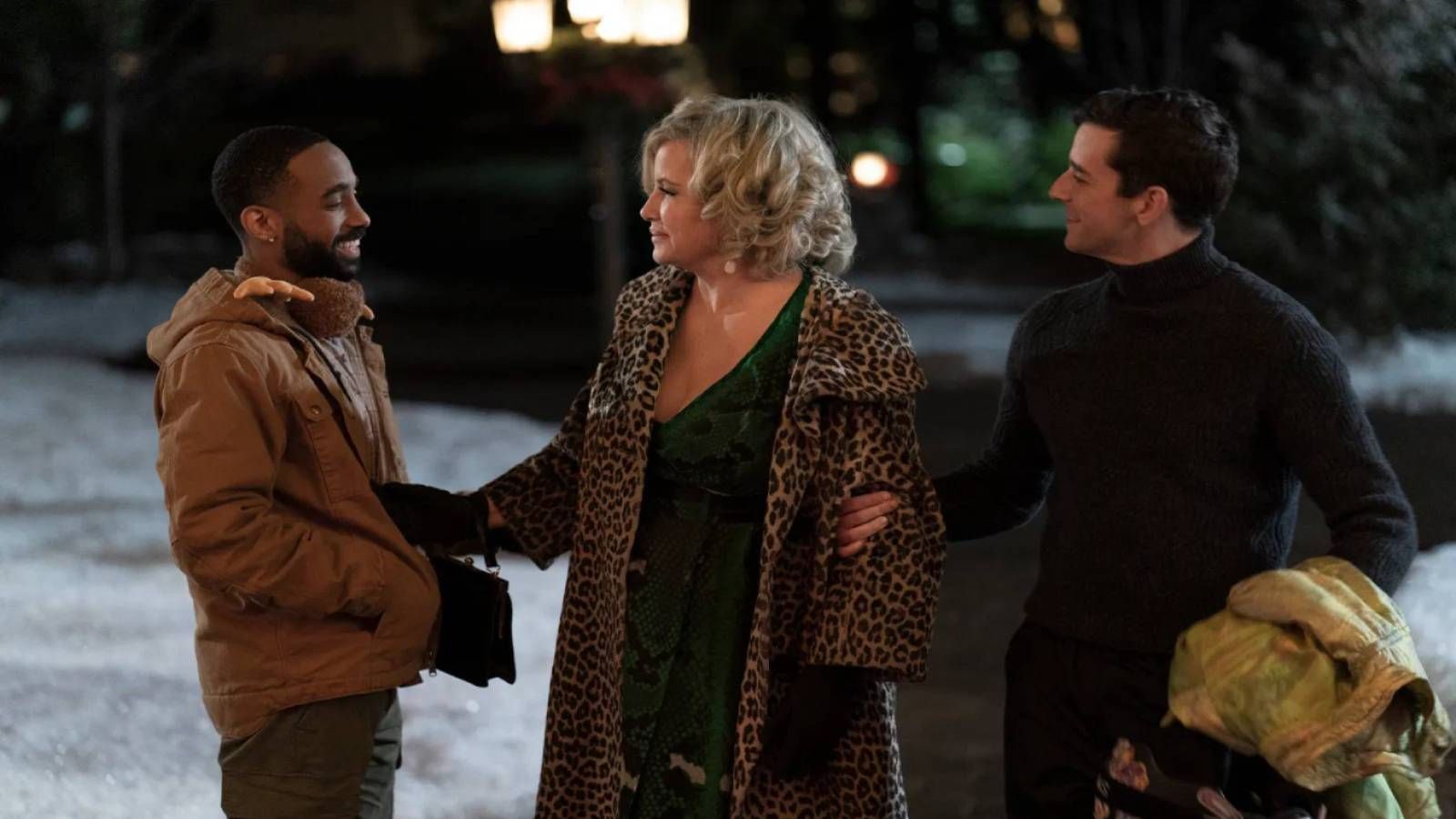 From left: Philemon Chambers, Jennifer Coolidge, and Michael Urie, in Single All the Way.