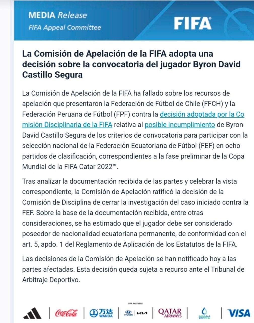 resolucion FIFA ecuador chile byron castillo audio mundial qatar 2022