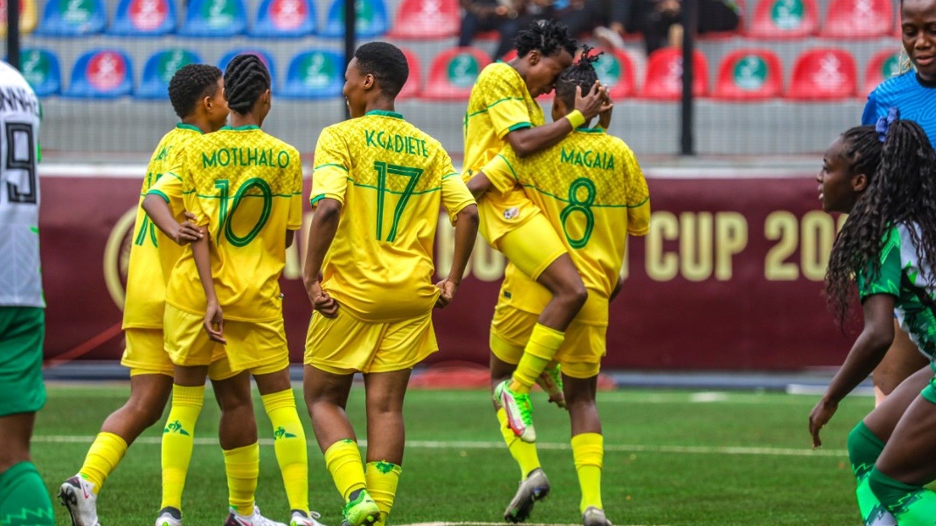 Banyana Banyana celebrate vs Nigeria.