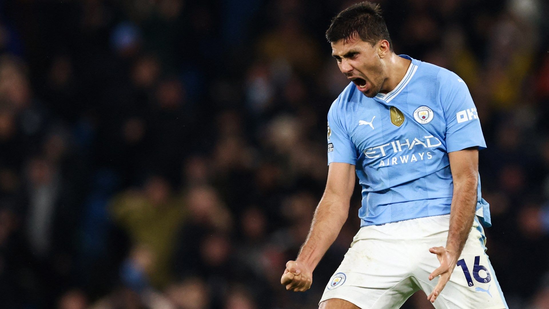 Rodri celebrating for Man City against Chelsea 2023-24