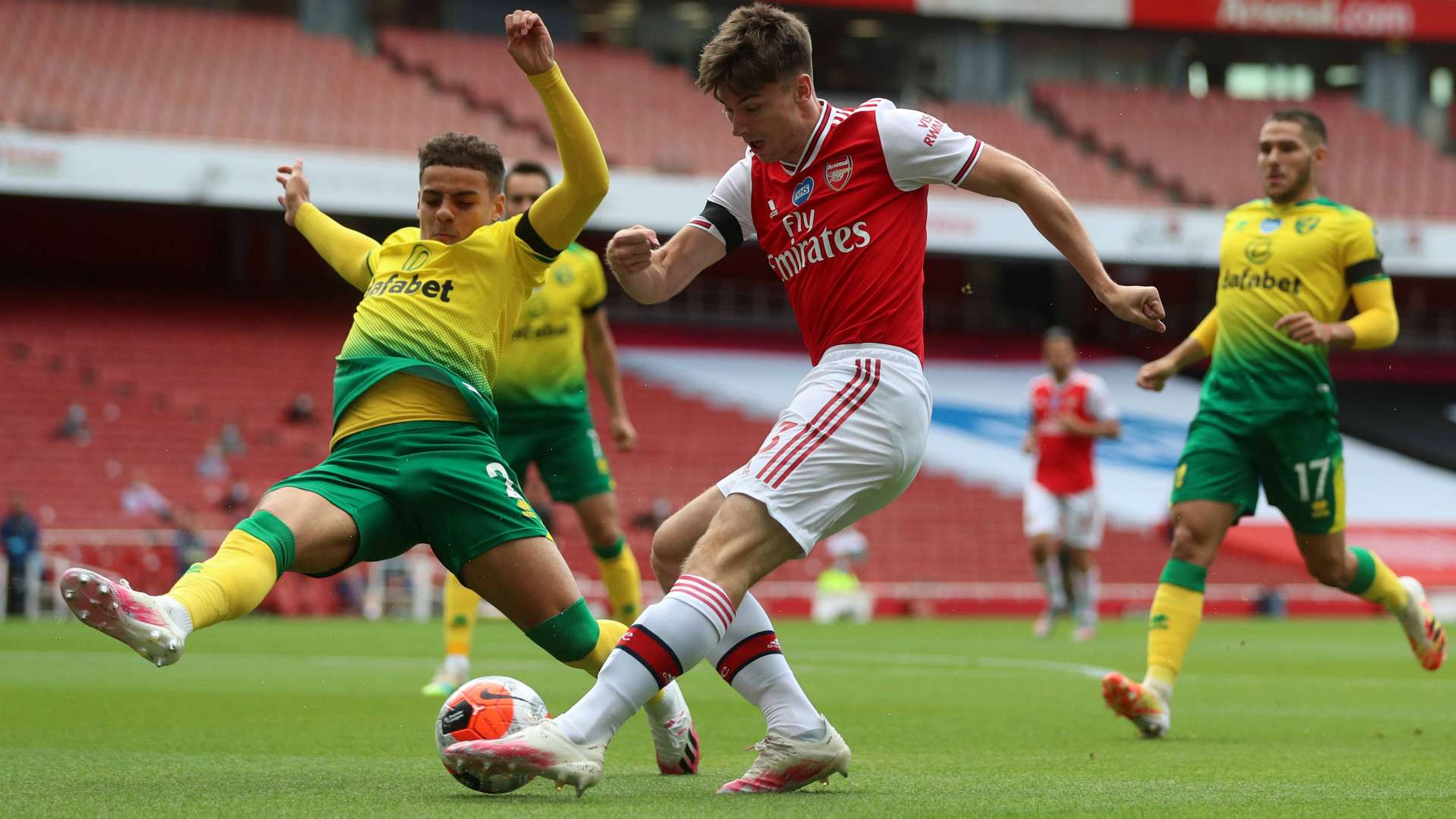 GERMANY ONLY: MAX AARONS NORWICH KIERAN TIERNEY ARSENAL PREMIER LEAGUE 01072020