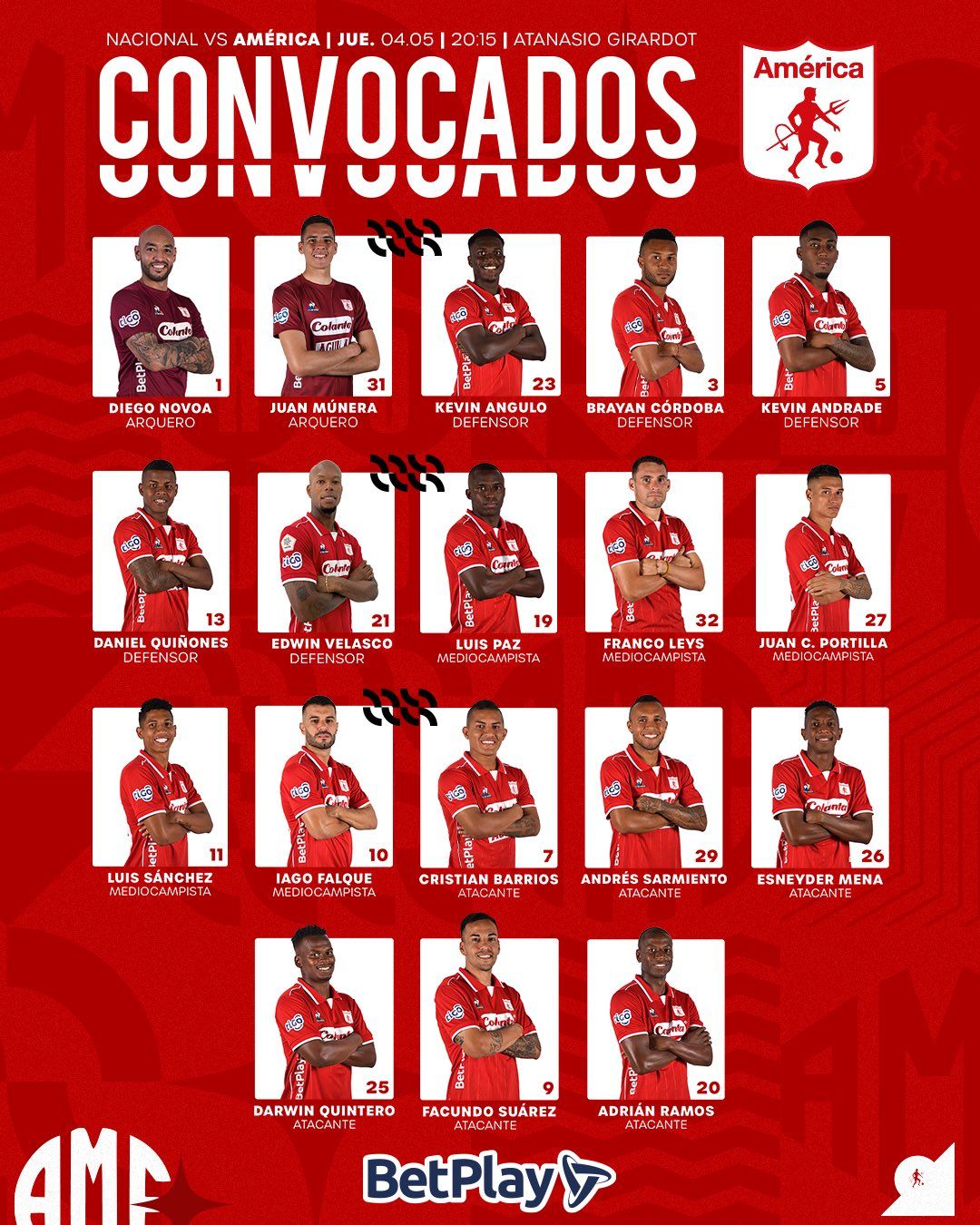 Convocados América de Cali Fecha 14 Liga BetPlay 2023