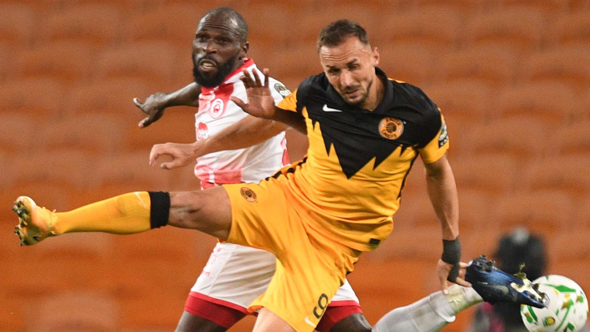 Joash Onyango of Simba SC vs Samir Nurkovic of Kaizer Chiefs.