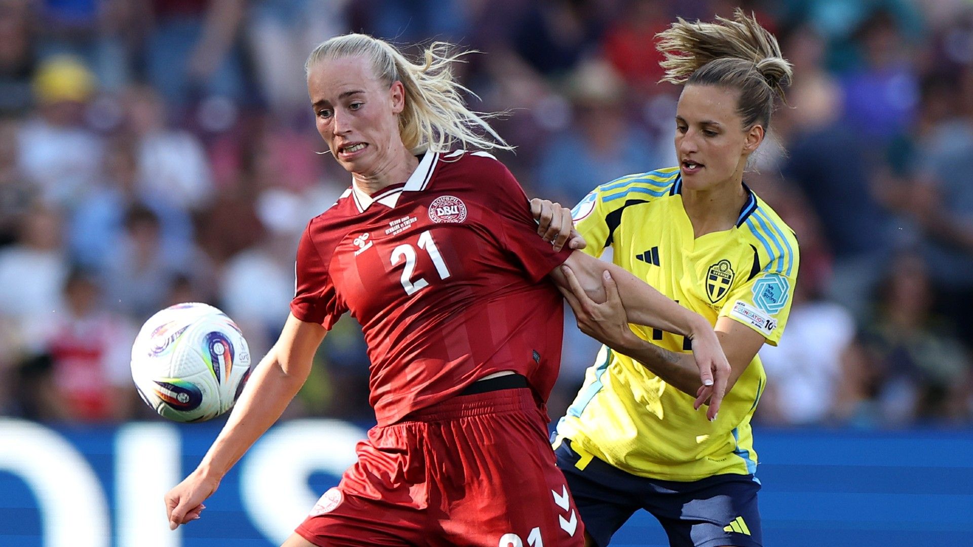 Amalie Vangsgaard of Denmark is challenged by Nathalie Bjoern of Sweden