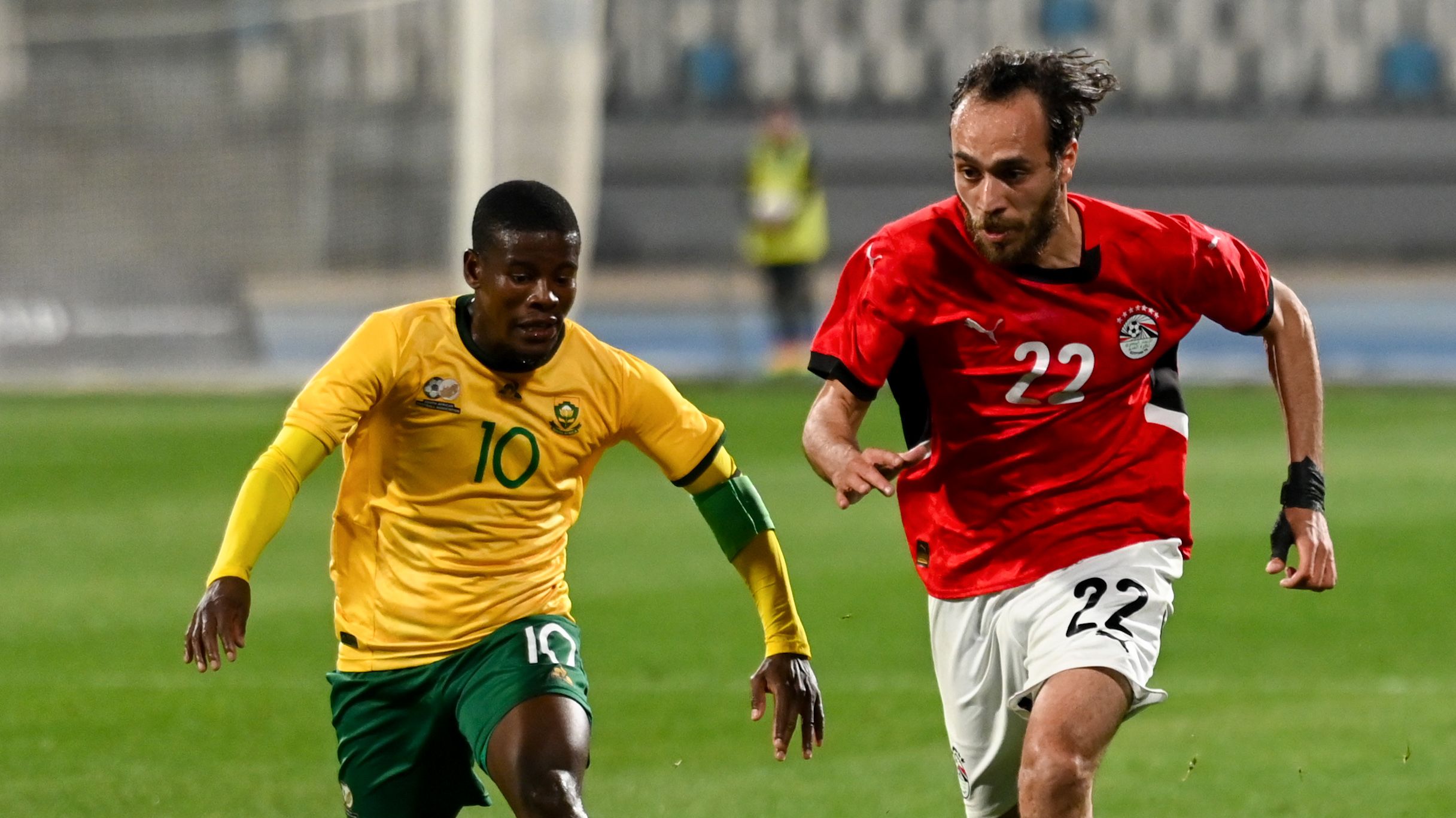 Neo Maema in action for Bafana Bafana in a CHAN qualifier against Egypt.