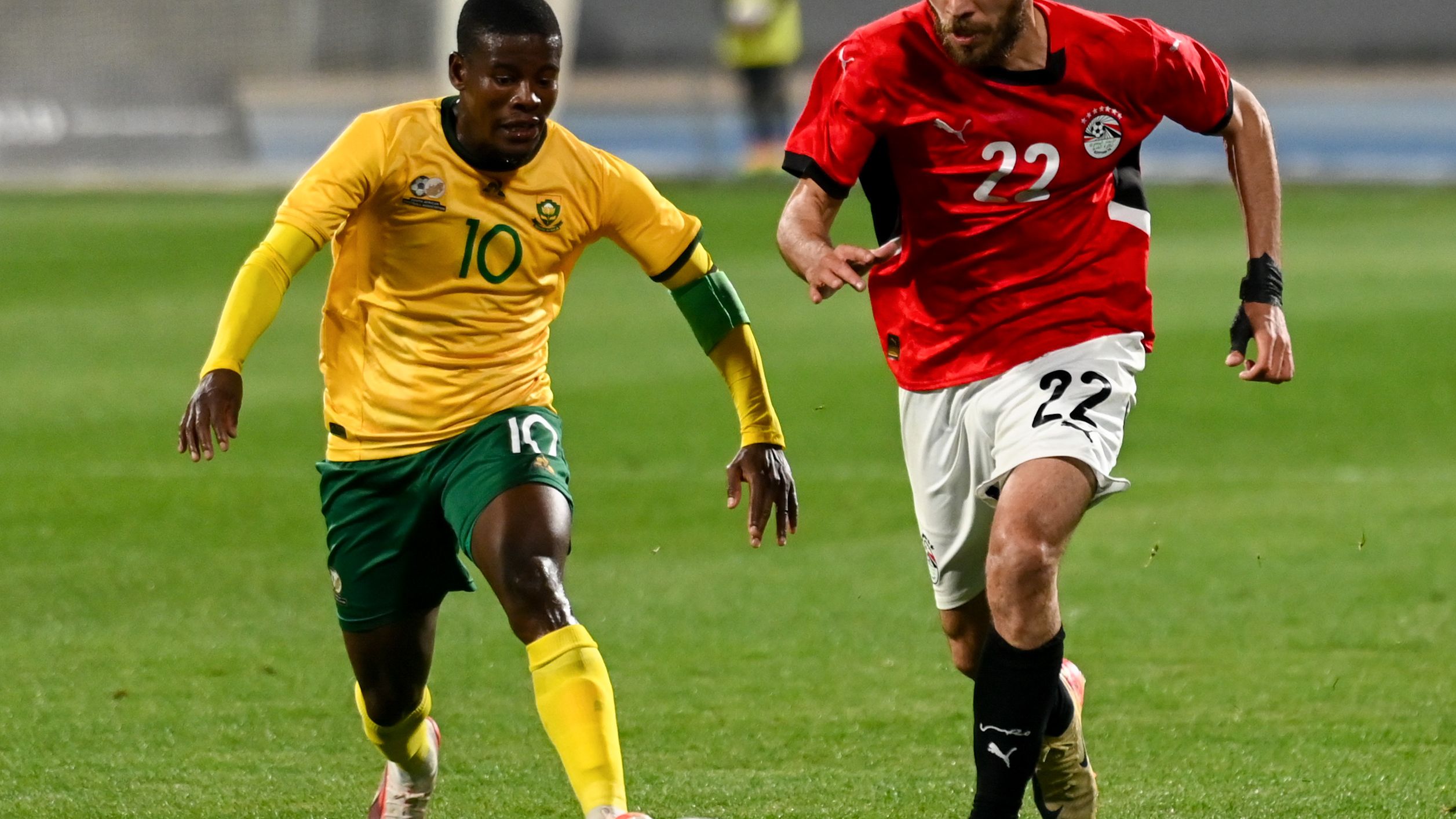 Neo Maema in action for Bafana Bafana in a CHAN qualifier against Egypt.