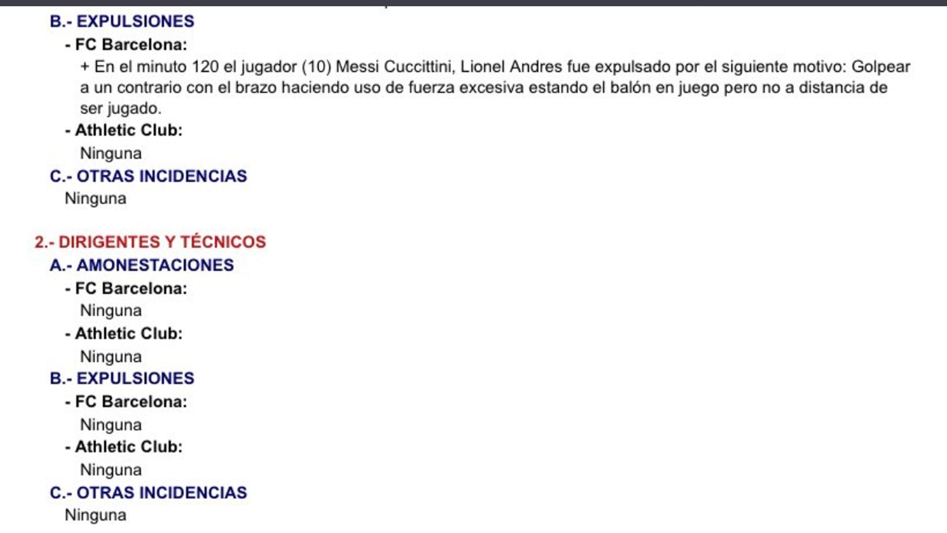 Acta de Gil Manzano en el Barcelona vs. Athletic