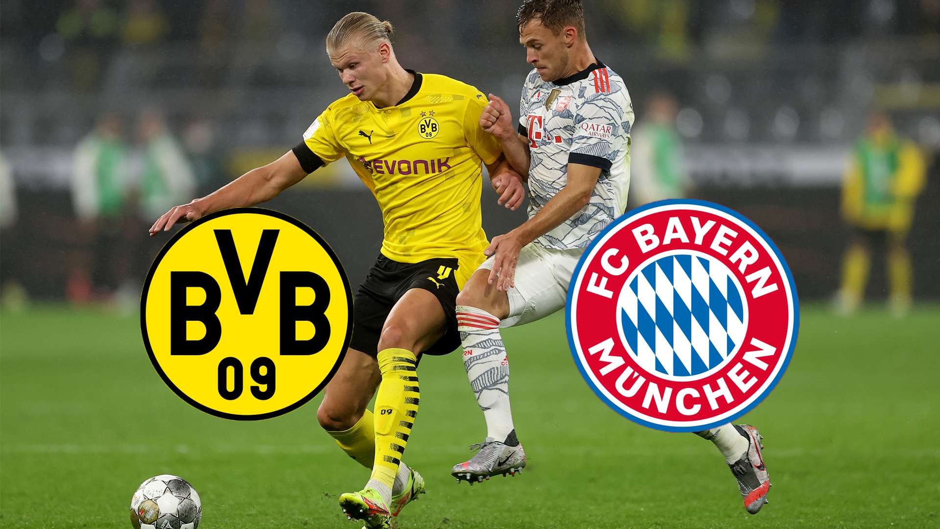 Erling Haaland BVB Borussia Dortmund im Zweikampf mit Joshua Kimmich FC Bayern München bundesliga tv live-stream gfx