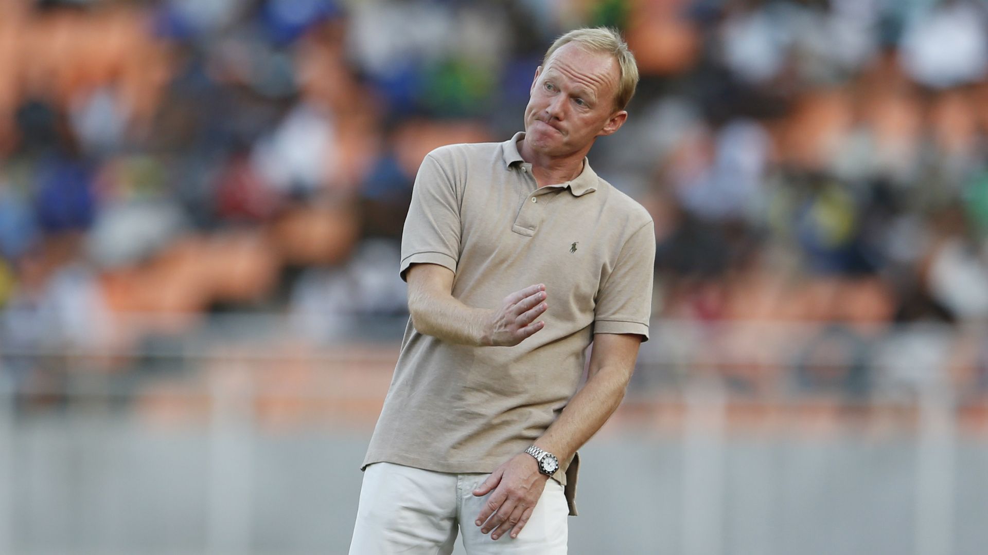 Coach Frank Nuttall reacts as Gor Mahia beat KMKM of Zanzibar in Tanzania