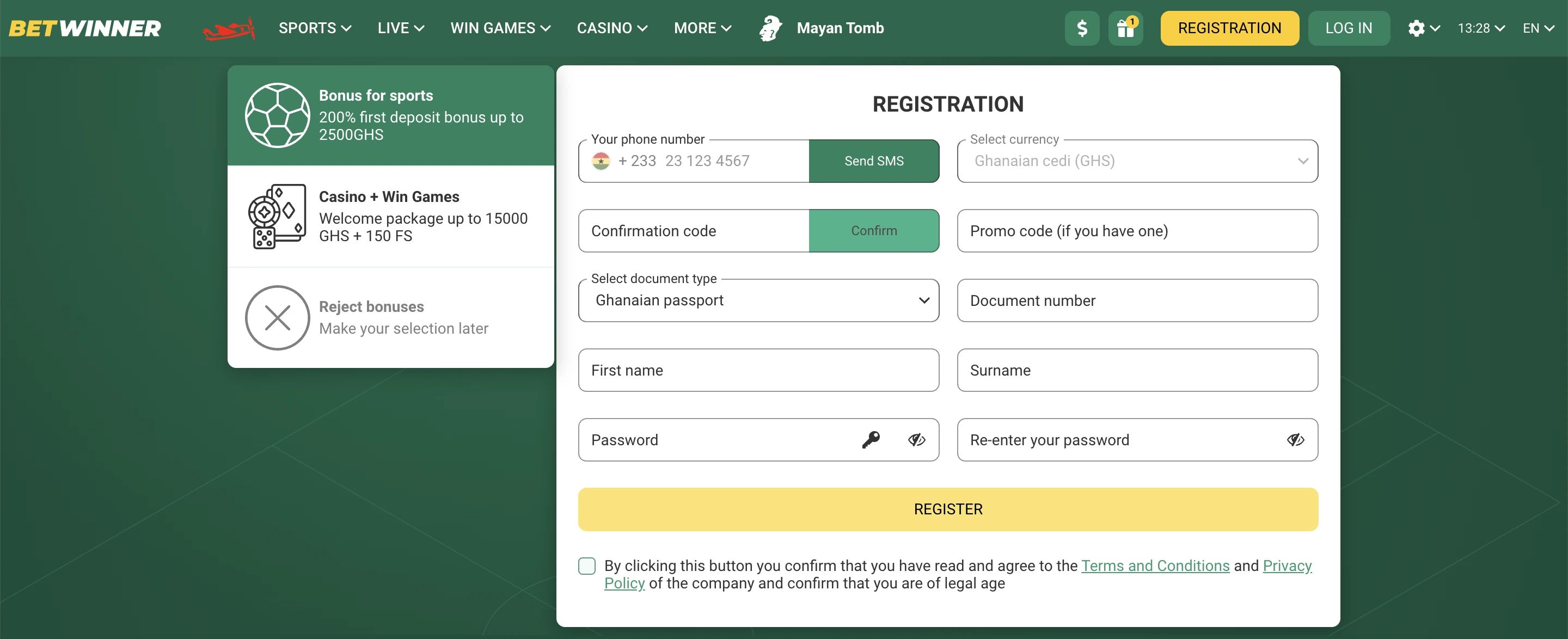 betwinner registration with promo code gh